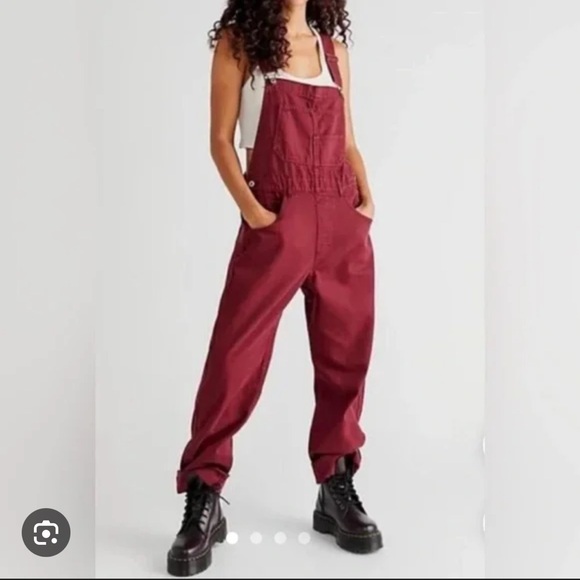 Free People We the Free Ziggy Overalls Denim Burgundy Maroon Red Medium Women’s - Picture 1 of 12